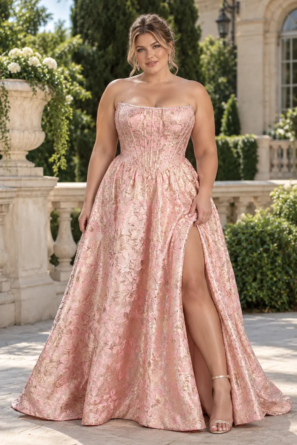 Pink floral corset formal dress with sweetheart neckline, front slit and full skirt