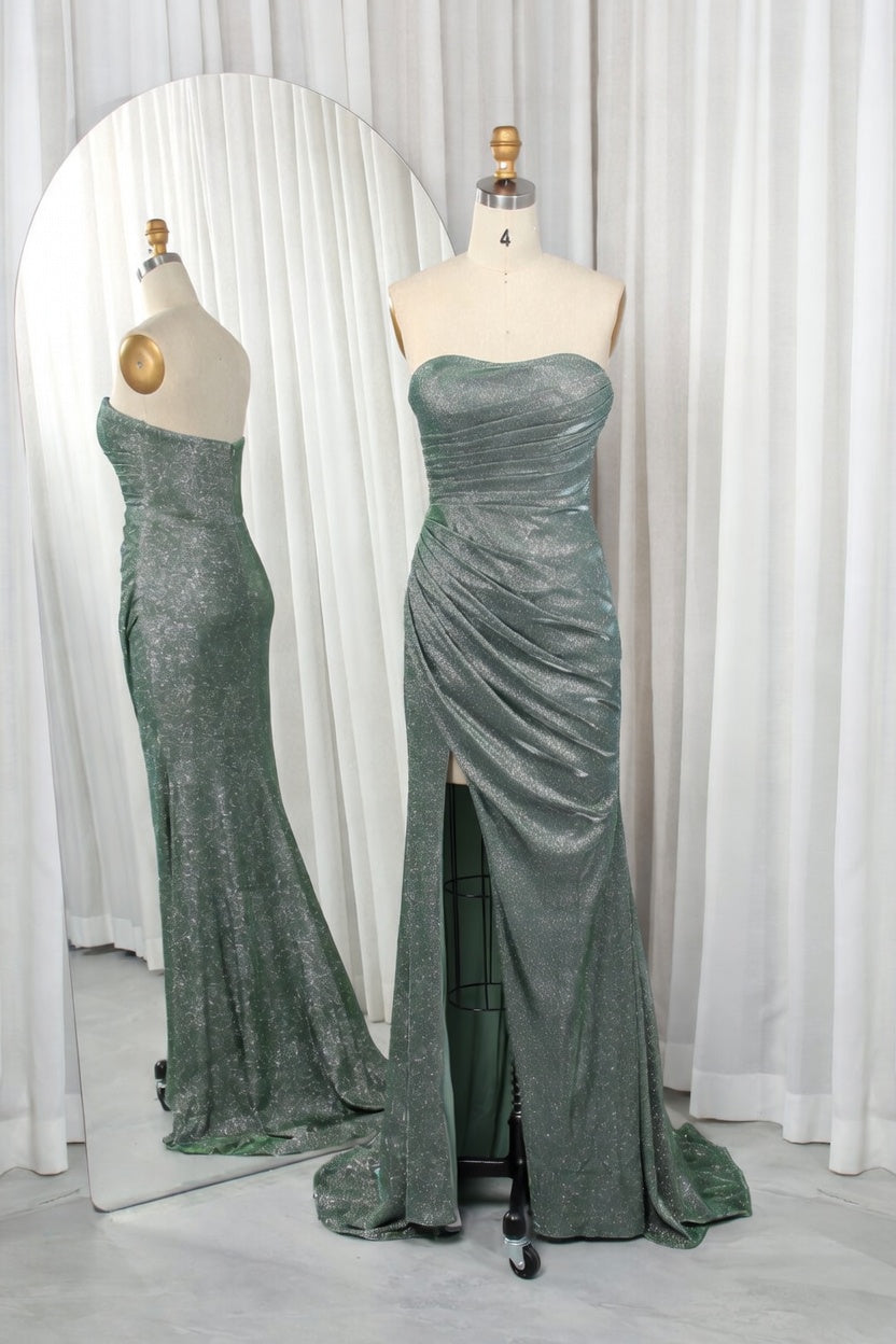 Shimmering Glitter Knit Strapless Ruched Mermaid Prom Dress TFB 8028 | blissfulprom