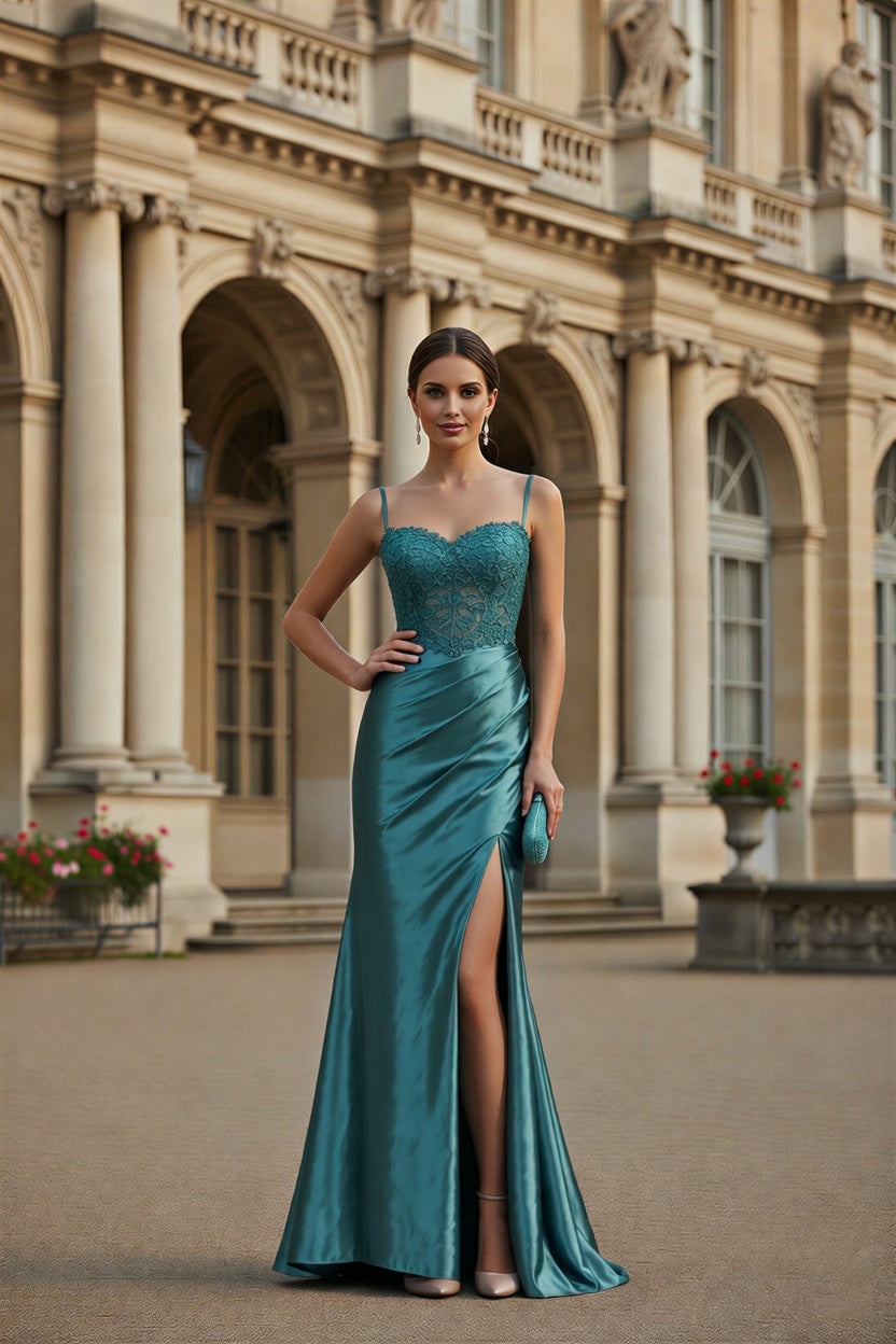 Ruched Satin Mermaid Prom Dress with Sheer Boned Corset TFB 8012 | blissfulprom