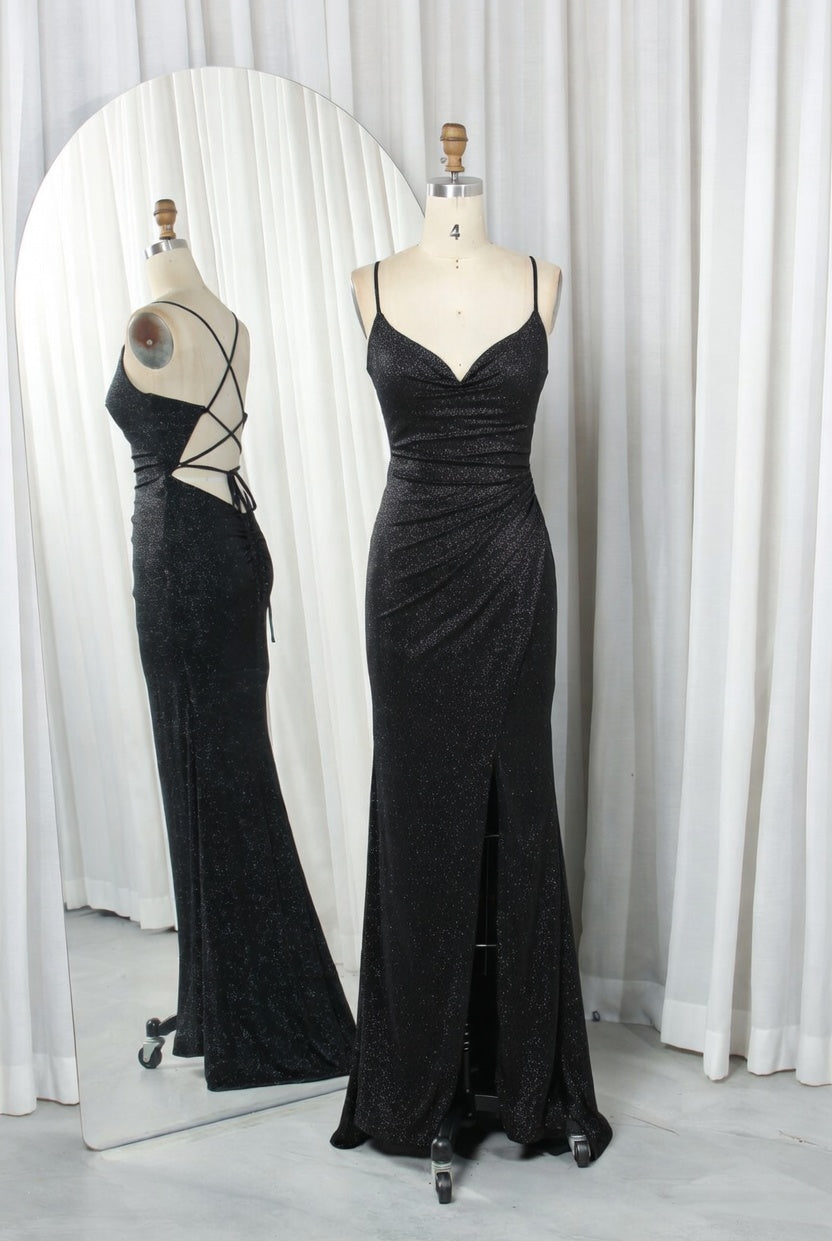 Shimmering Glitter Knit Cowl Neck Mermaid Prom Dress with Lace-Up Back and Side Slit - TFB 8025 | blissfulprom