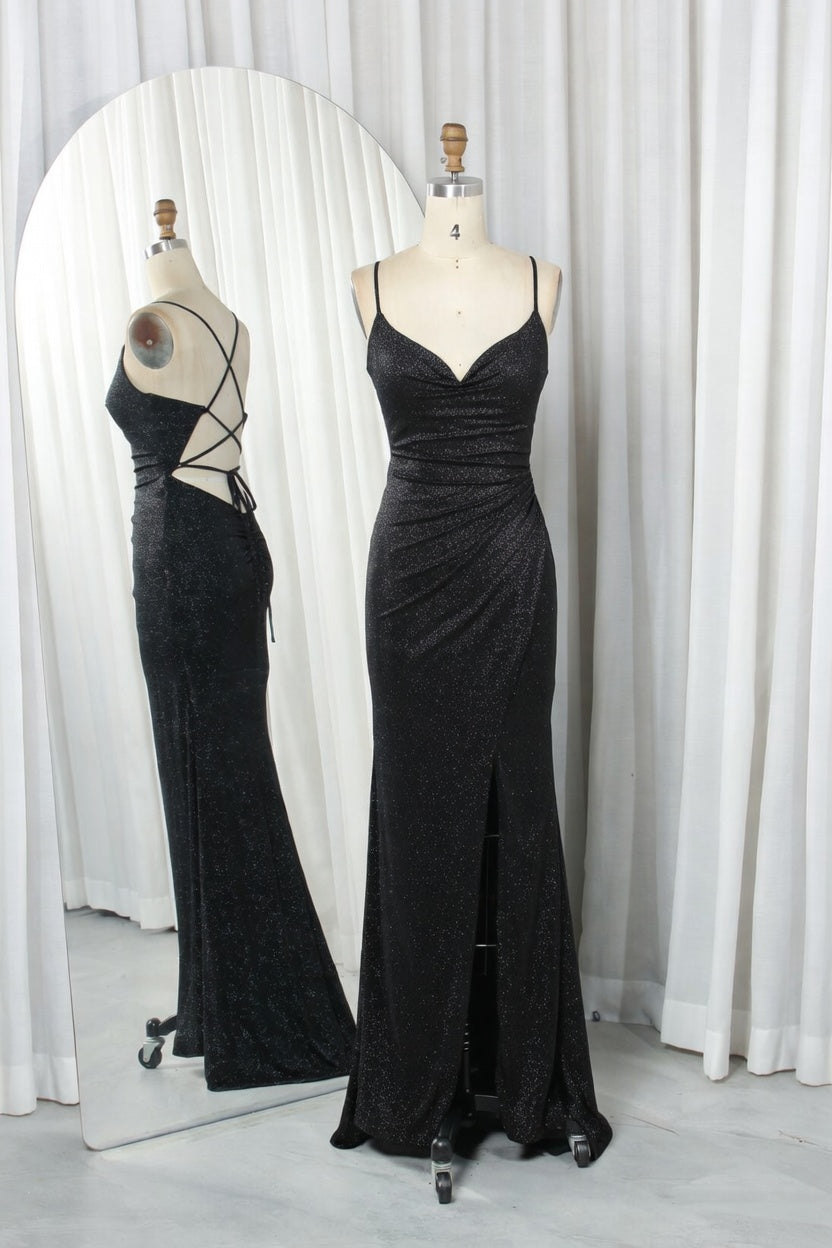 Shimmering glitter knit mermaid prom dress with cowl neckline, lace-up back, black.
