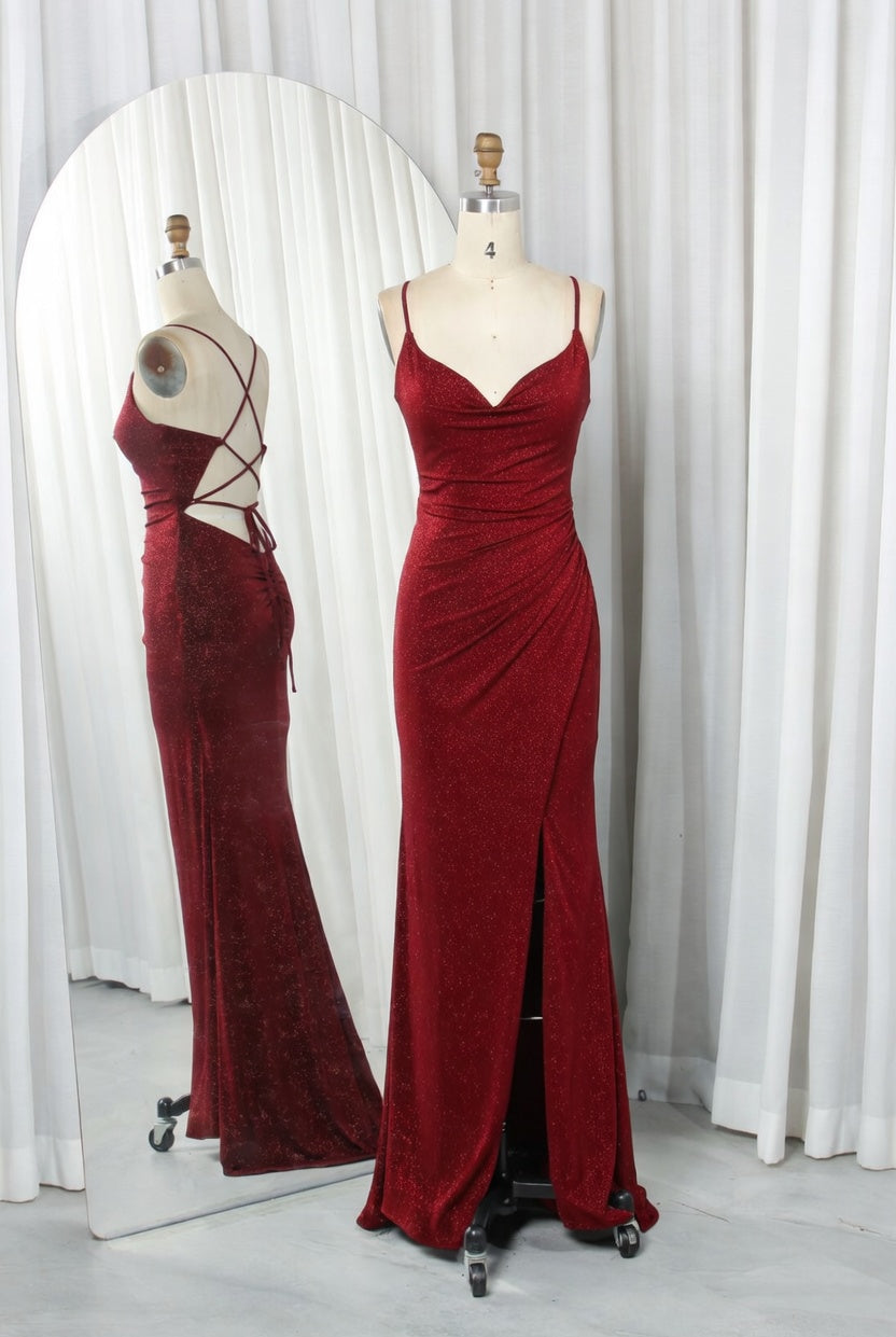Shimmering Glitter Knit Cowl Neck Mermaid Prom Dress with Lace-Up Back and Side Slit - TFB 8025 | blissfulprom