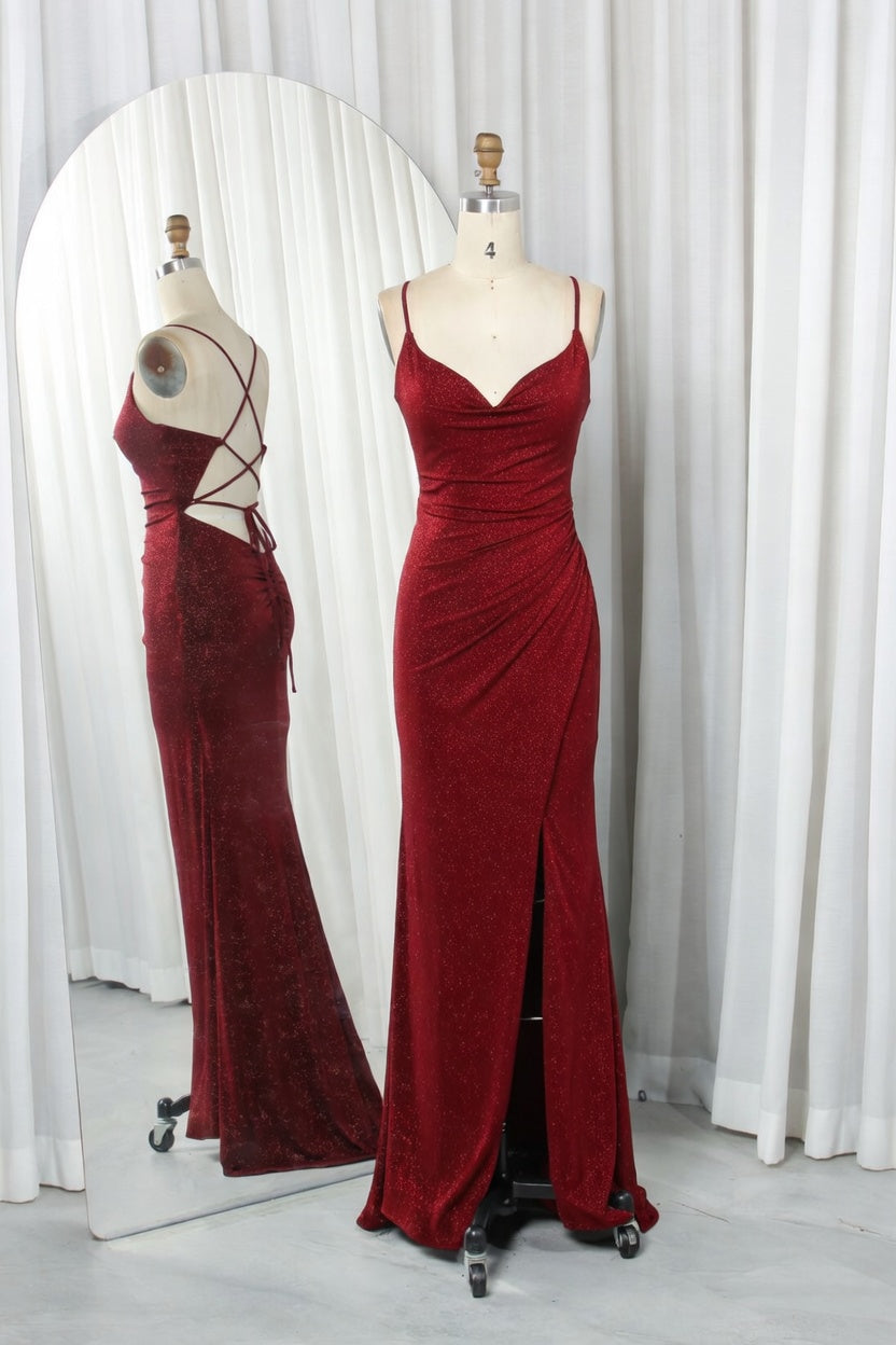 Wine red glitter knit mermaid prom dress with cowl neckline, lace-up back, side slit