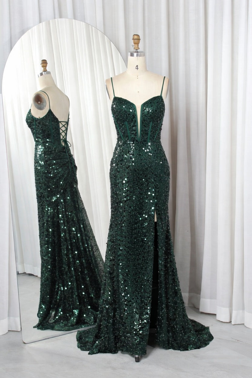 Emerald all-over sequin mermaid prom dress with plunging illusion bodice