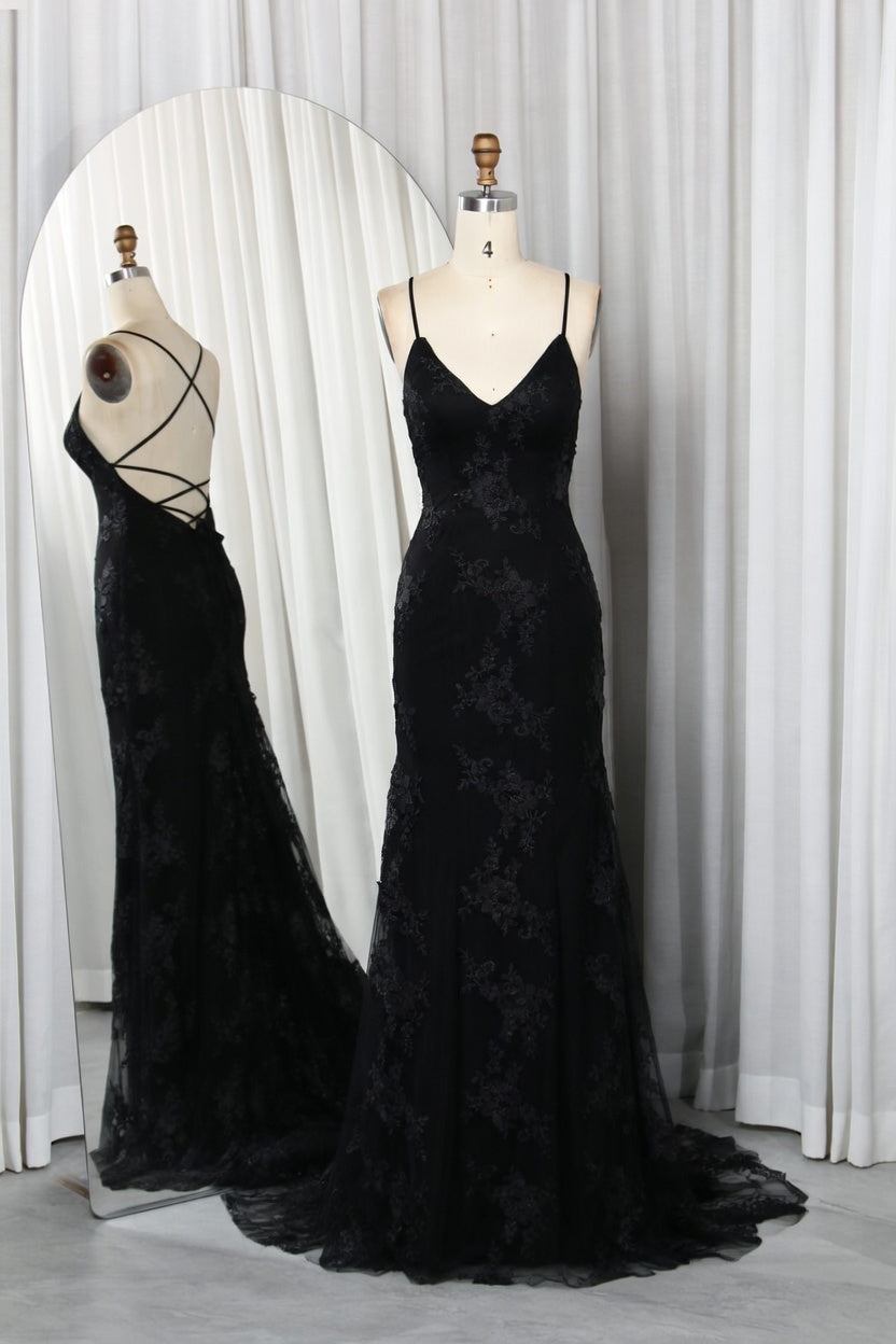 Black lace applique mermaid prom gown with V-neck and thin spaghetti straps