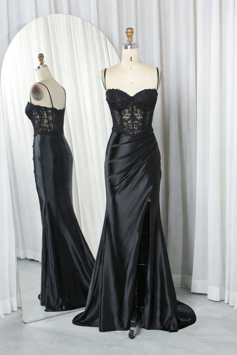 Ruched Satin Mermaid Prom Dress with Sheer Boned Corset TFB 8012 | blissfulprom