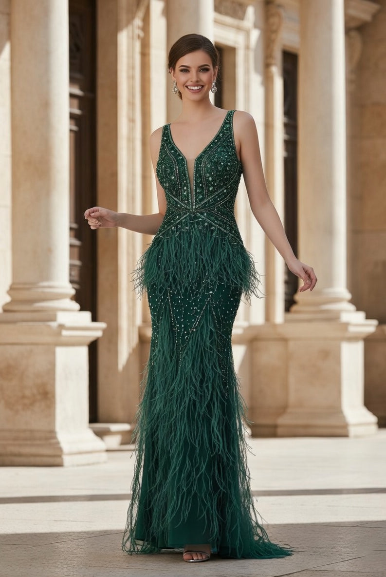 Heavily Beaded & Feather Trim V-Neck Column Pageant Prom Dress TFB 8052 | blissfulprom