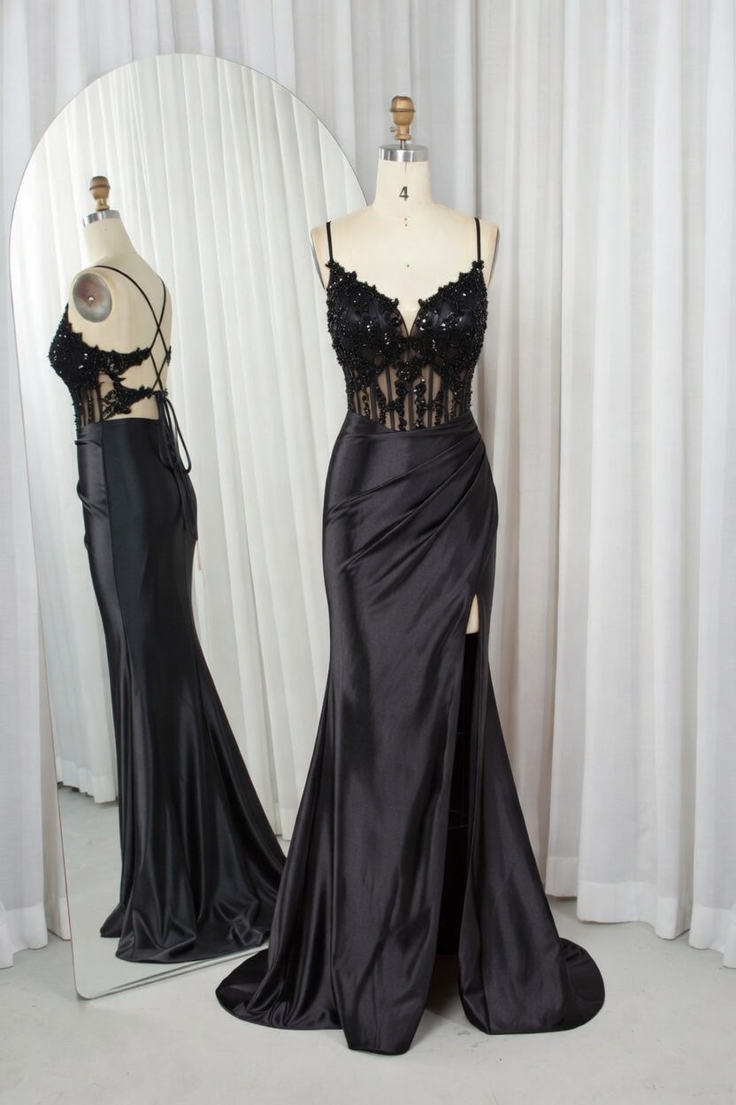 Black lace corset satin mermaid prom dress with high slit