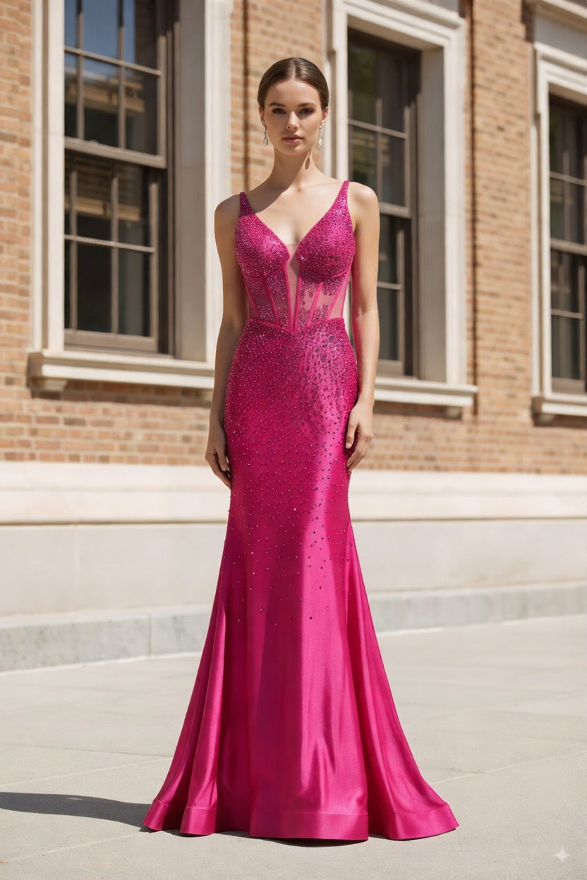 Hot pink rhinestone illusion mesh corset mermaid prom dress with deep V neckline.