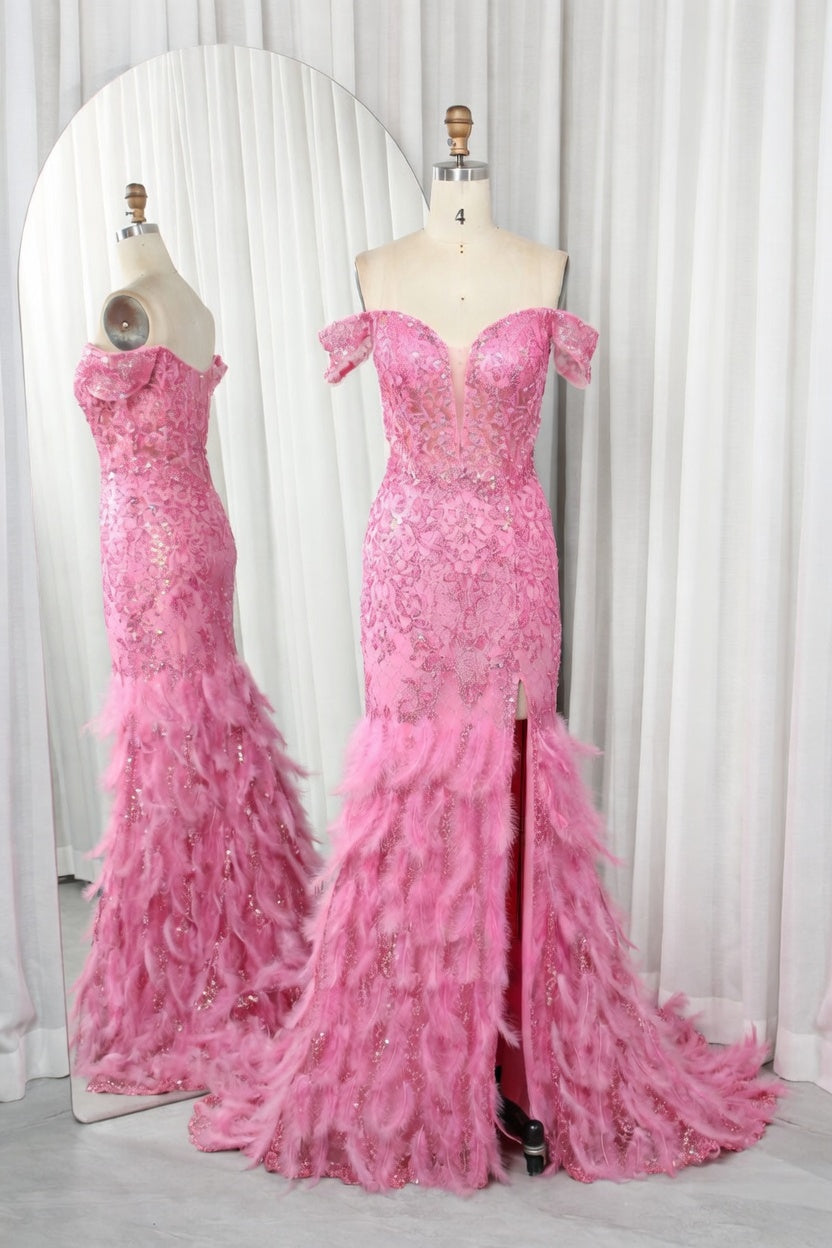 Hot pink off-shoulder sequin mermaid prom dress with feathered flared hem and slit