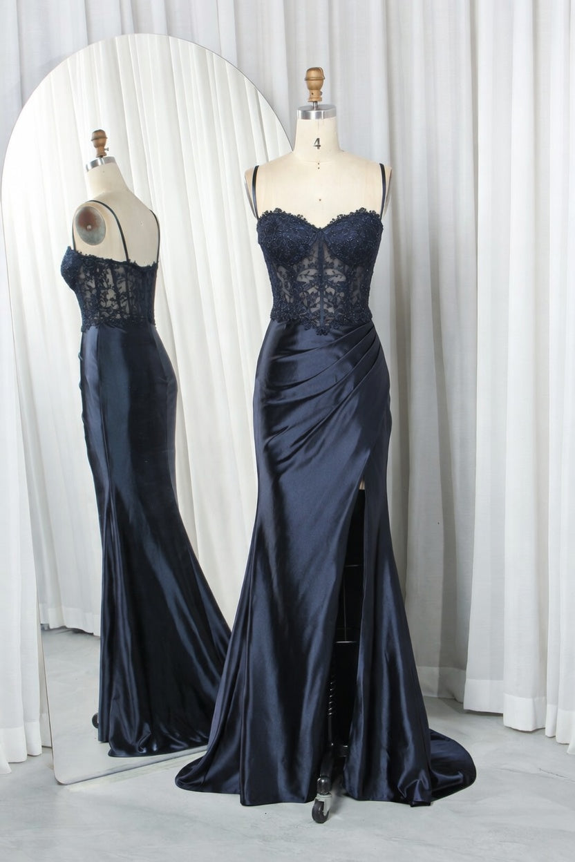 Ruched Satin Mermaid Prom Dress with Sheer Boned Corset TFB 8012 | blissfulprom