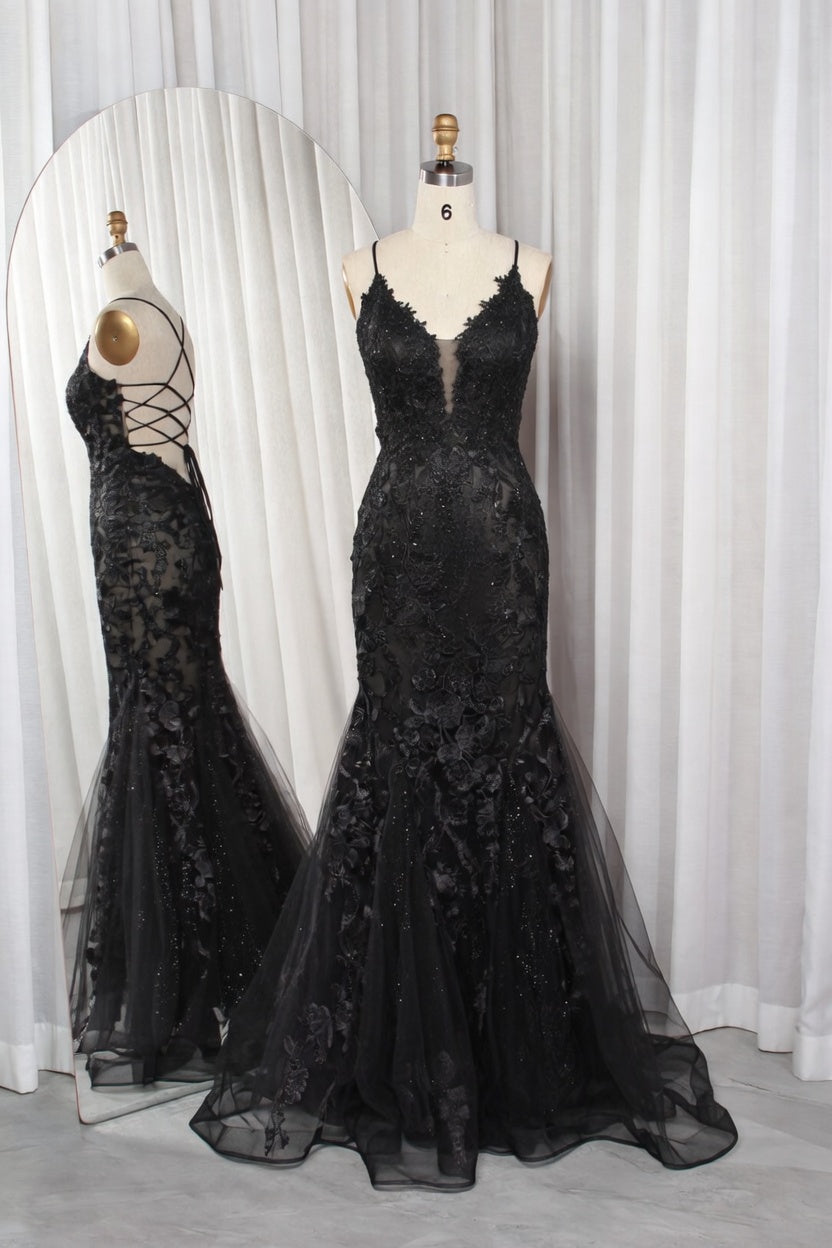 Elegant Tulle Mermaid Prom Dress with Spaghetti Straps Lace Bodice and Crisscross Back-TFB 8022