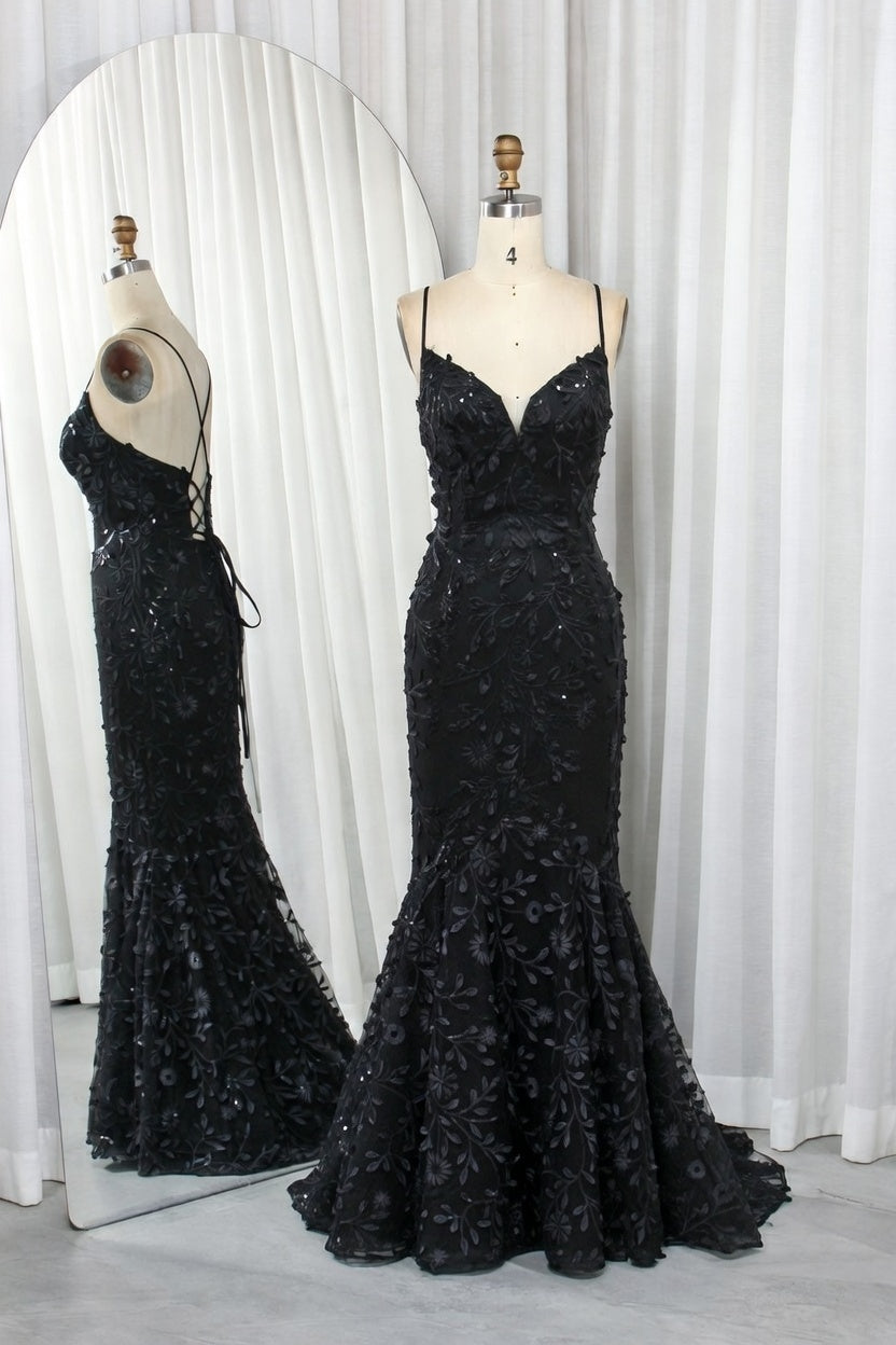 Shimmering Floral Lace Spaghetti Strap Mermaid Prom Dress TFB 8003 | blissfulprom