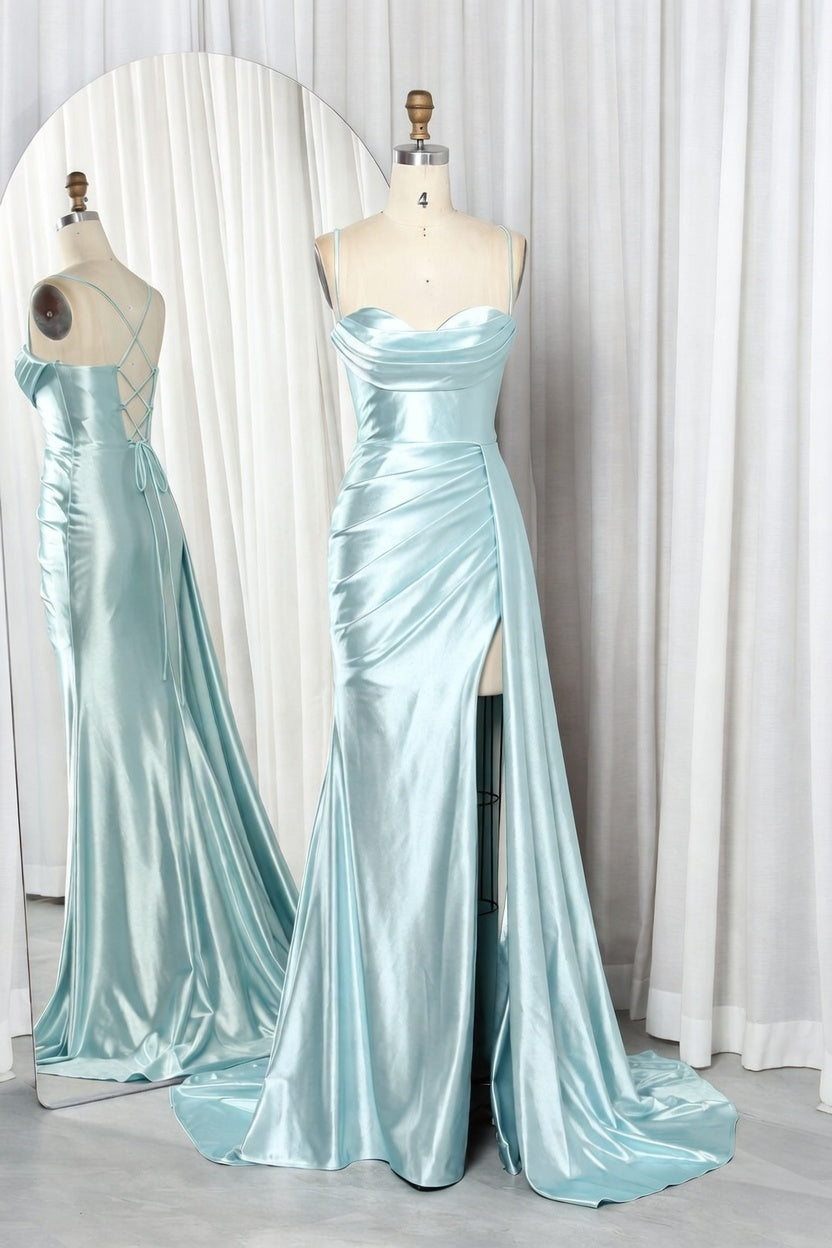Luminous Draped Sweetheart Satin Slit Gown TFB 6013 | blissfulprom