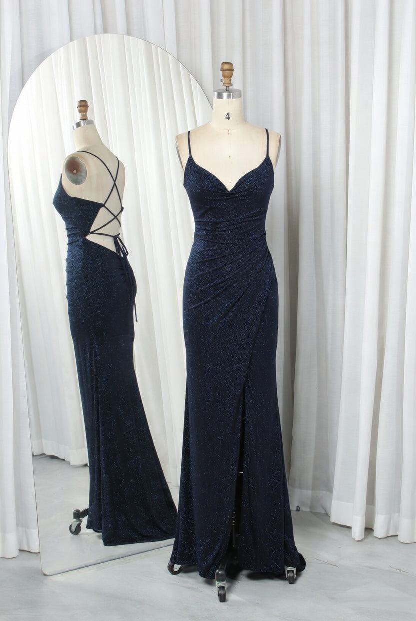 Shimmering Glitter Knit Cowl Neck Mermaid Prom Dress with Lace-Up Back and Side Slit - TFB 8025 | blissfulprom