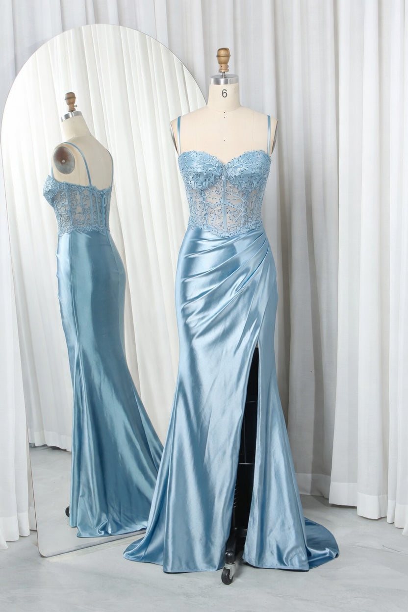 Ruched Satin Mermaid Prom Dress with Sheer Boned Corset TFB 8012 | blissfulprom