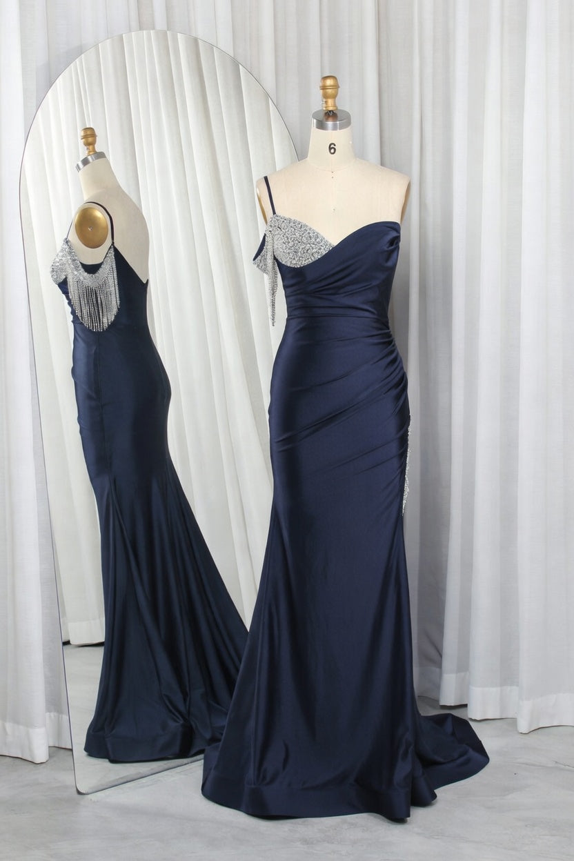 Asymmetric One-Shoulder Satin Mermaid Prom Dress with Rhinestone Fringe TFB 8018 | blissfulprom