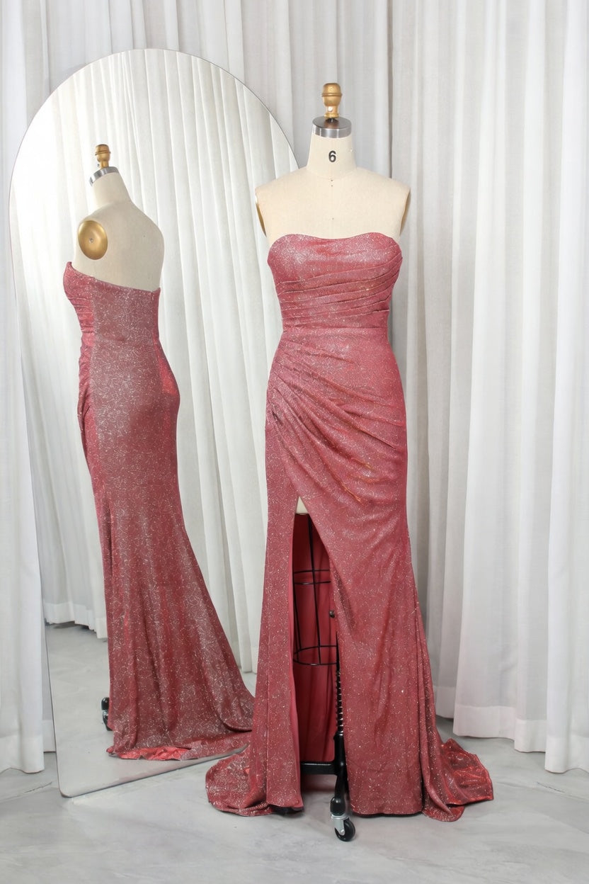 Shimmering Glitter Knit Strapless Ruched Mermaid Prom Dress TFB 8028 | blissfulprom