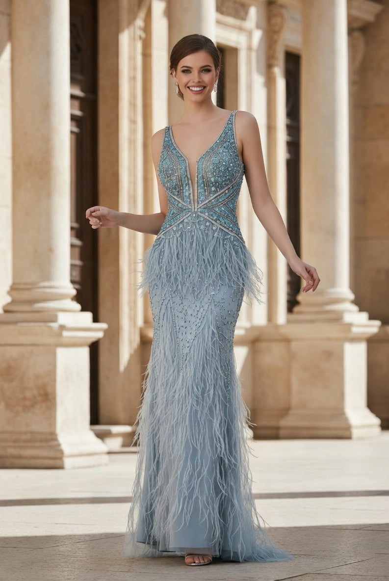Heavily Beaded & Feather Trim V-Neck Column Pageant Prom Dress TFB 8052 | blissfulprom