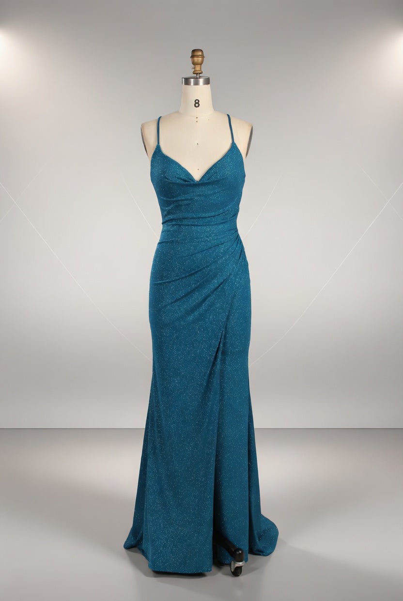 Shimmering Glitter Knit Cowl Neck Mermaid Prom Dress with Lace-Up Back and Side Slit - TFB 8025 | blissfulprom