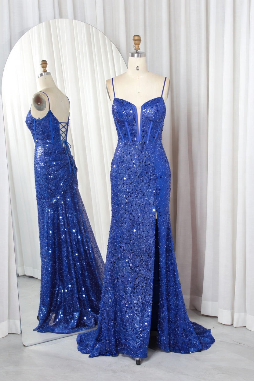 Royal blue all-over sequin mermaid prom dress with plunging illusion bodice