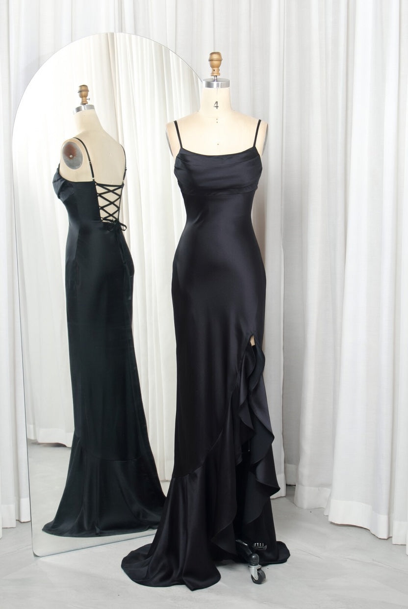 Chic Cowl Neck Ruffle Slit Satin Prom Gown TFB 6009 | blissfulprom