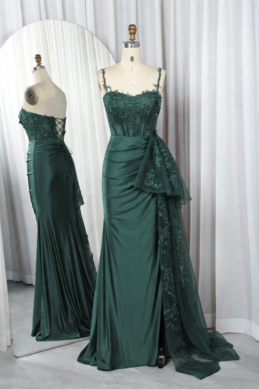 Strapless Lace Corset Satin Mermaid Prom Dress with Embroidered Tulle Train - TFB 8013 | blissfulprom