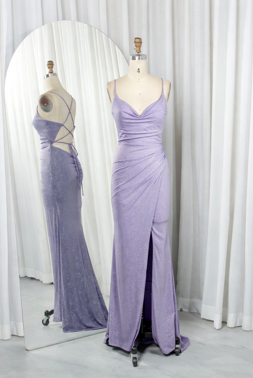 Shimmering Glitter Knit Cowl Neck Mermaid Prom Dress with Lace-Up Back and Side Slit - TFB 8025 | blissfulprom