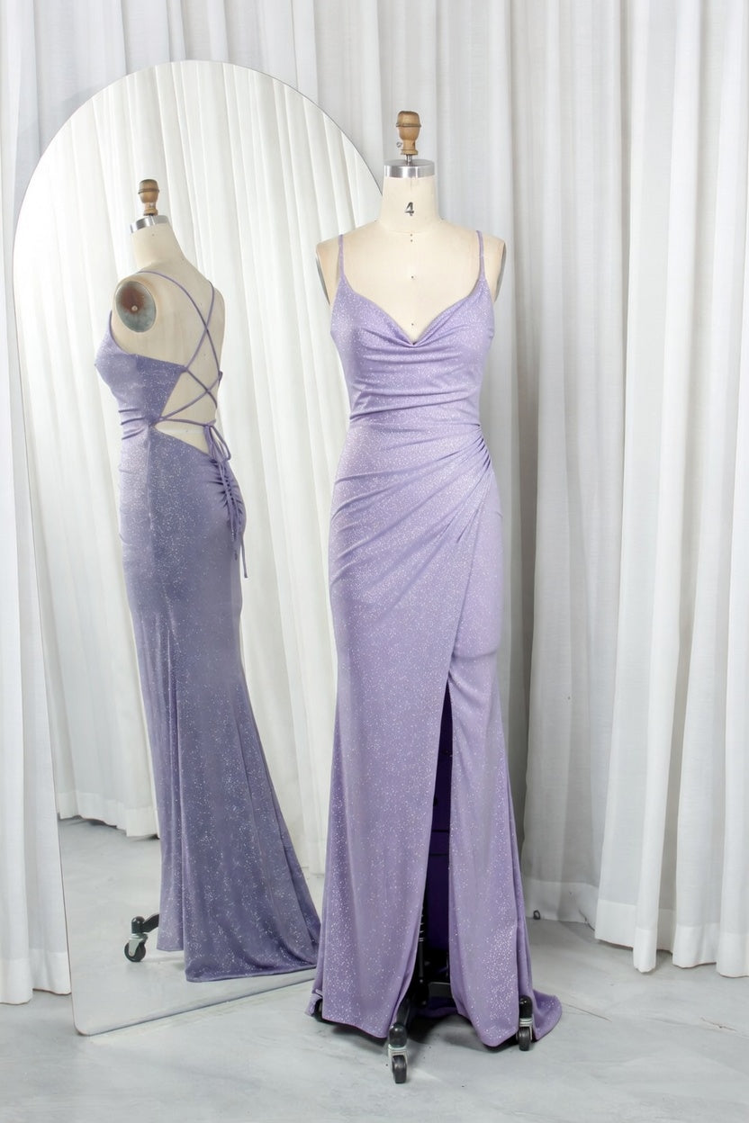 Shimmering glitter knit mermaid prom dress with lace-up back, side slit, lilac.