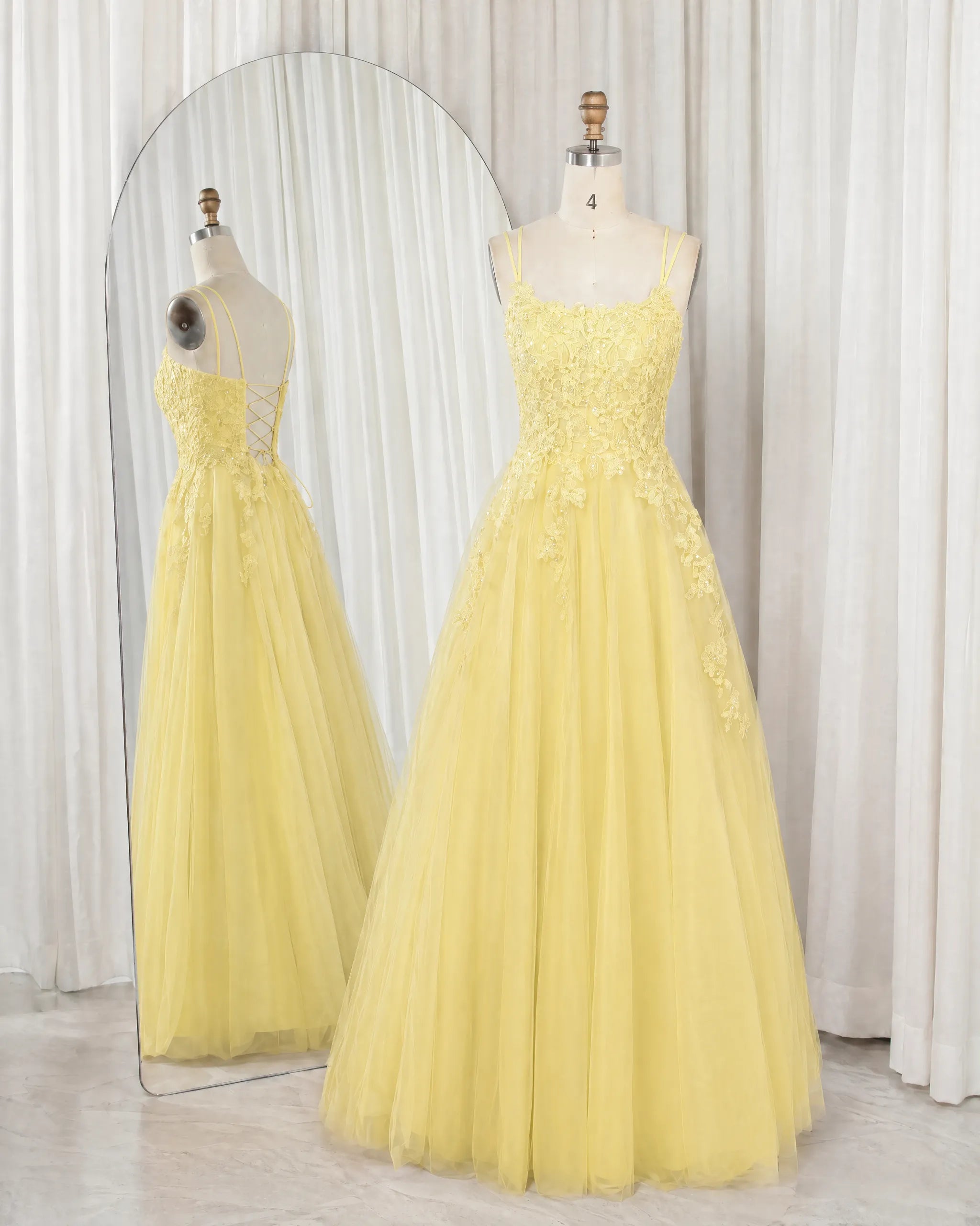 Yellow A-line prom dress with double spaghetti straps, beaded lace bodice, tulle skirt