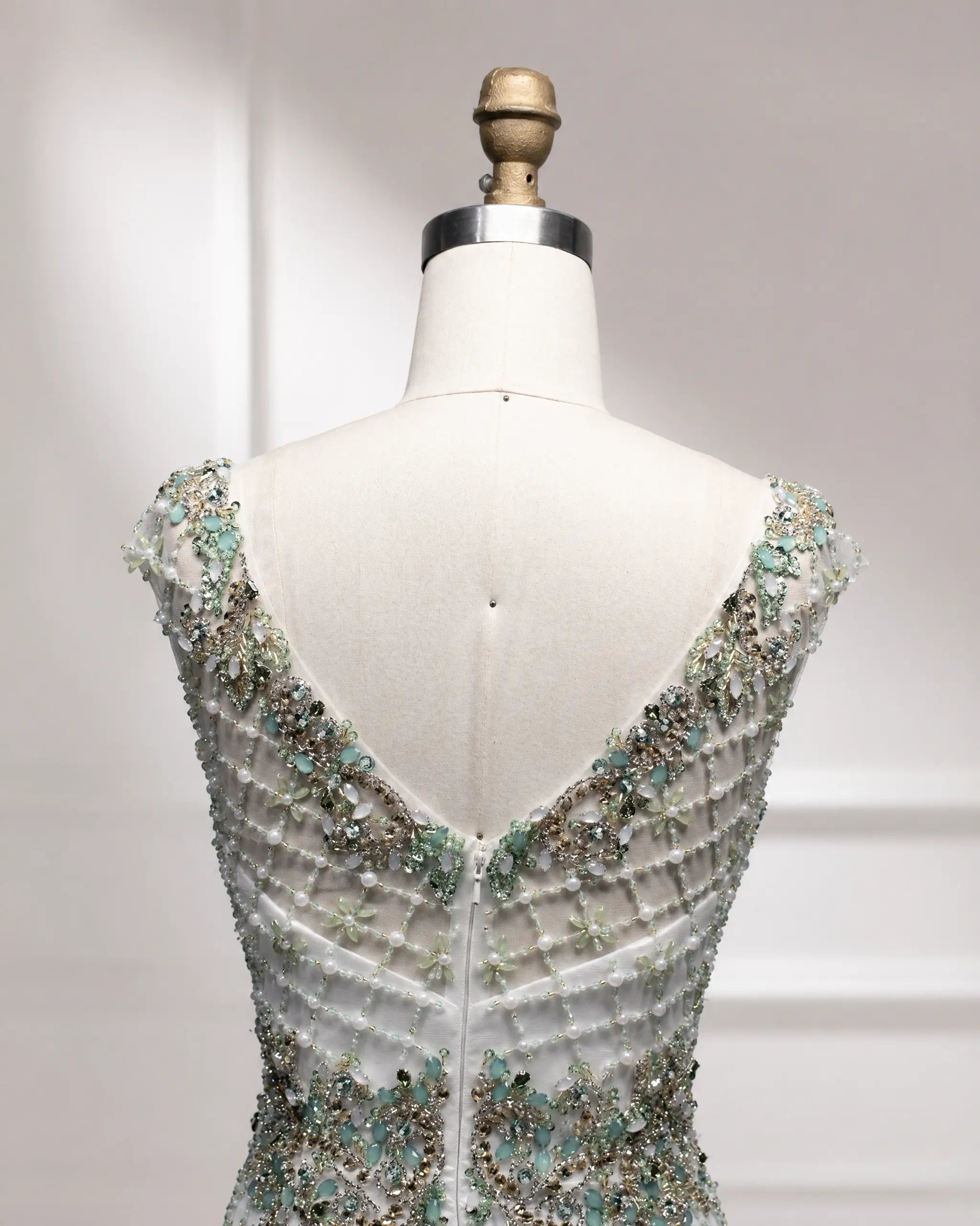 Beaded mermaid dress back with sheer mesh straps, sage and silver bead embroidery