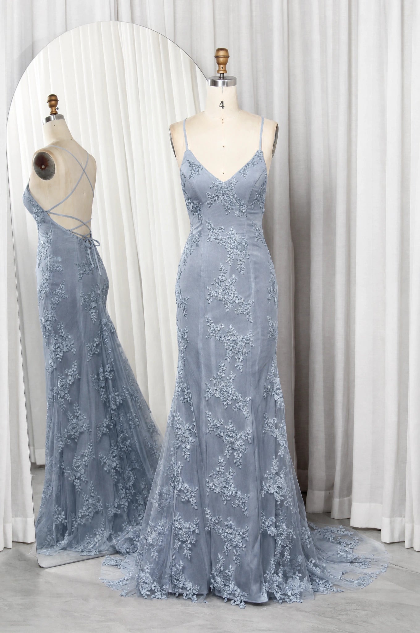 Light blue lace applique tulle mermaid prom gown, V-neck spaghetti straps