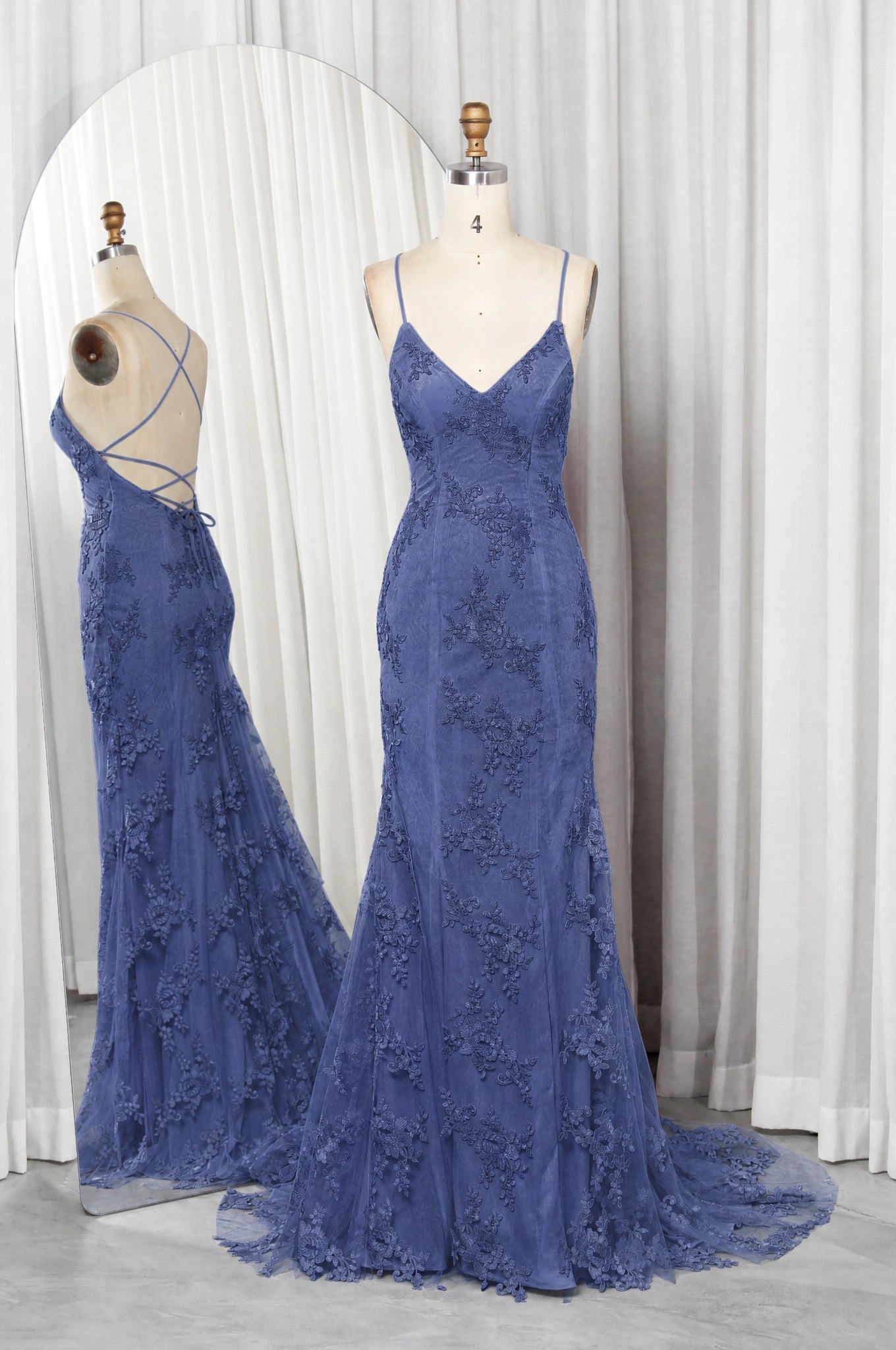 Navy blue lace applique tulle mermaid prom gown, V-neck spaghetti straps