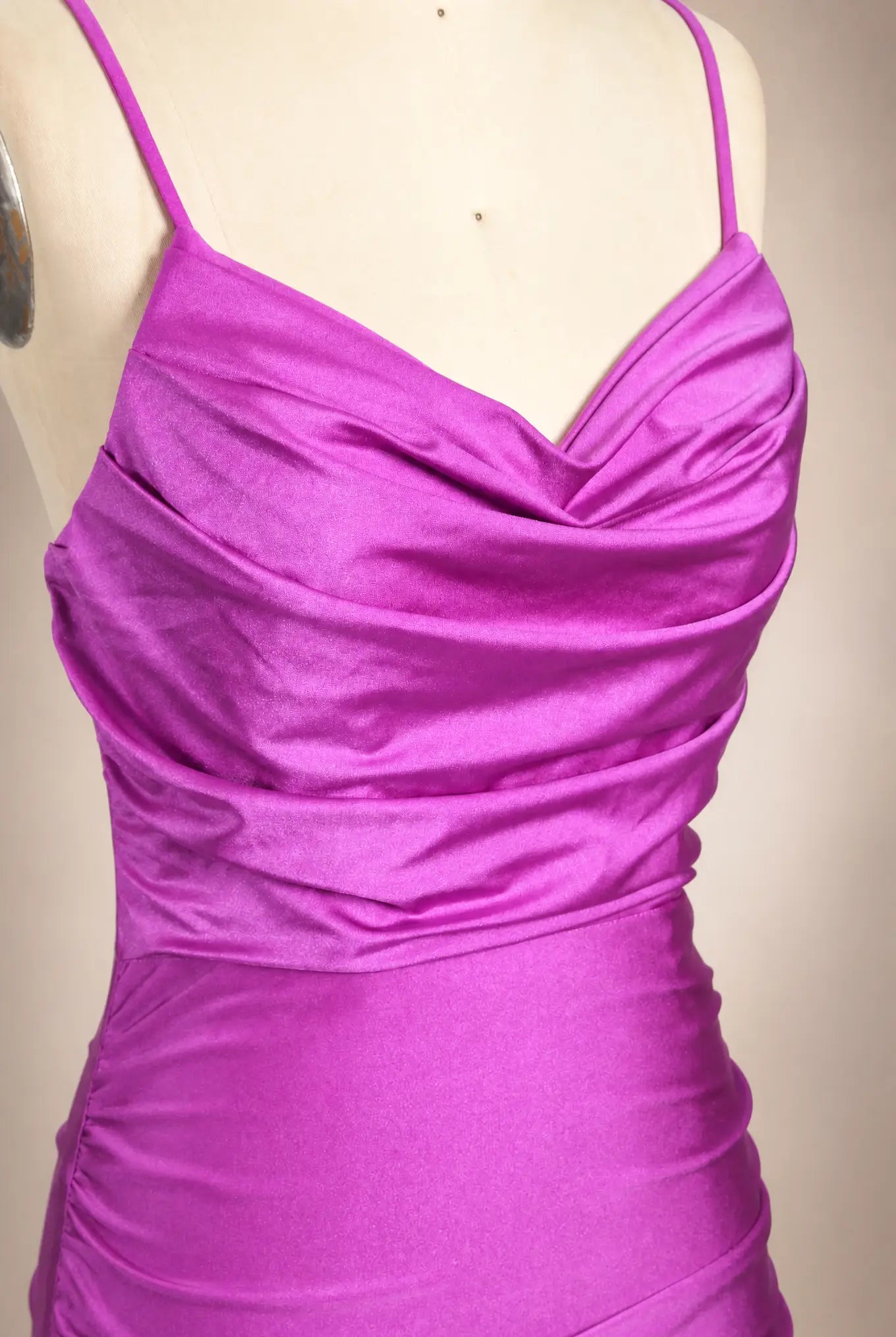 Purple satin ruched cowl-neck bodice with twisted drape and spaghetti straps.