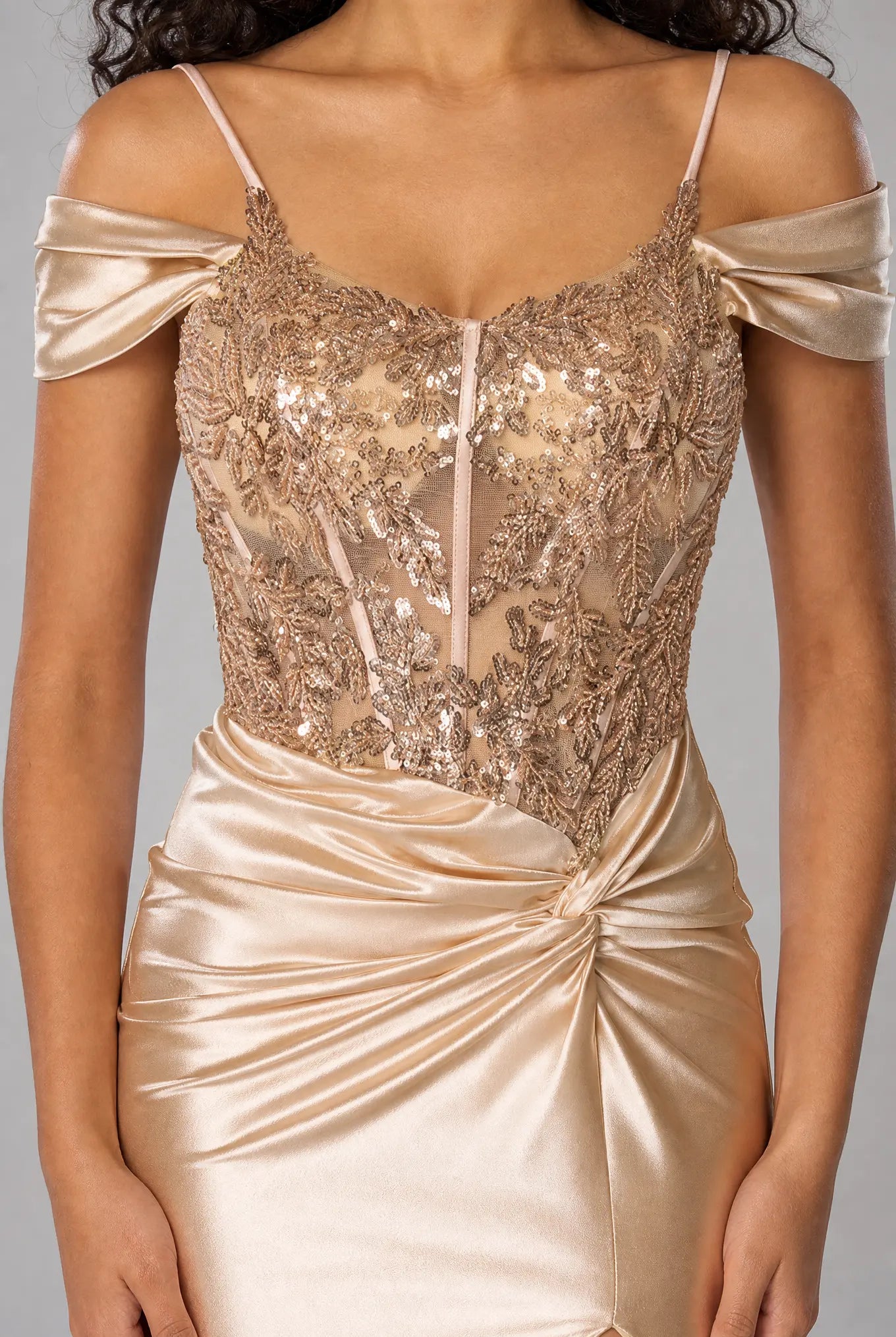 Champagne satin prom dress with gold lace bodice and draped off-shoulder sleeves