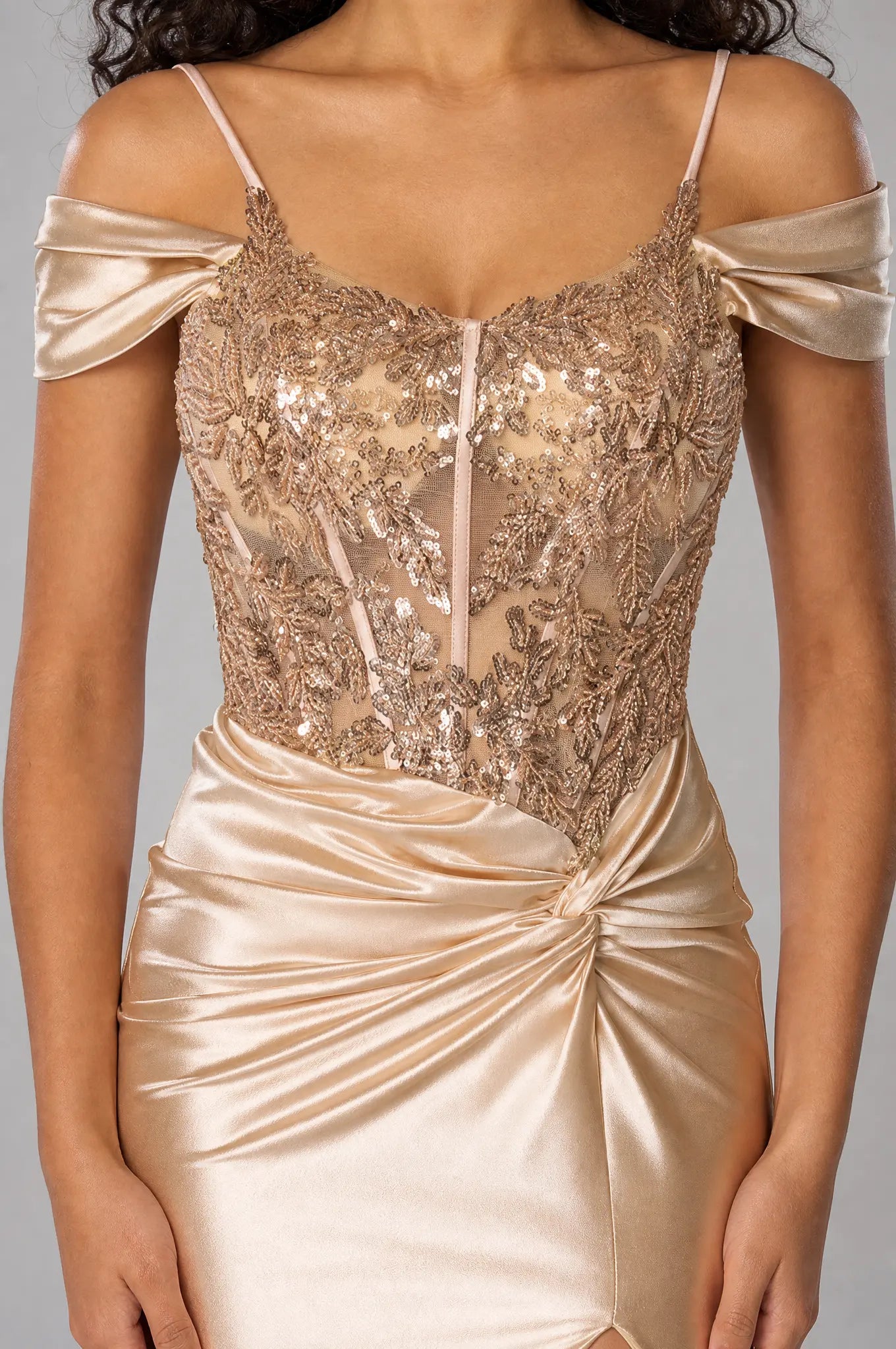 Champagne satin prom dress with gold lace bodice and draped off-shoulder sleeves