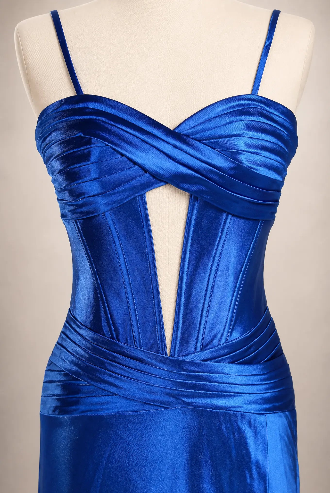 Royal blue satin corset prom dress with draped bust, detachable straps, mermaid slit