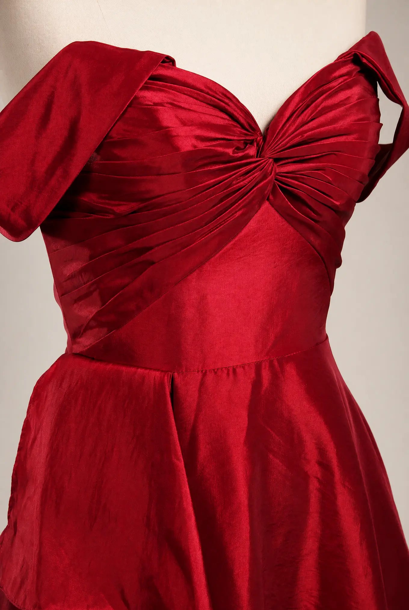 Wine red off-shoulder prom dress with gathered bodice and draped skirt detail