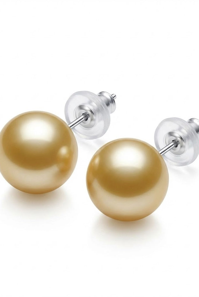 Gold pearl stud earrings with smooth round pearl and silver posts
