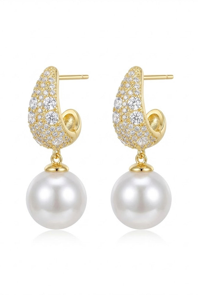 Gold-tone crystal pave huggie earrings with round pearl drop and hook closure