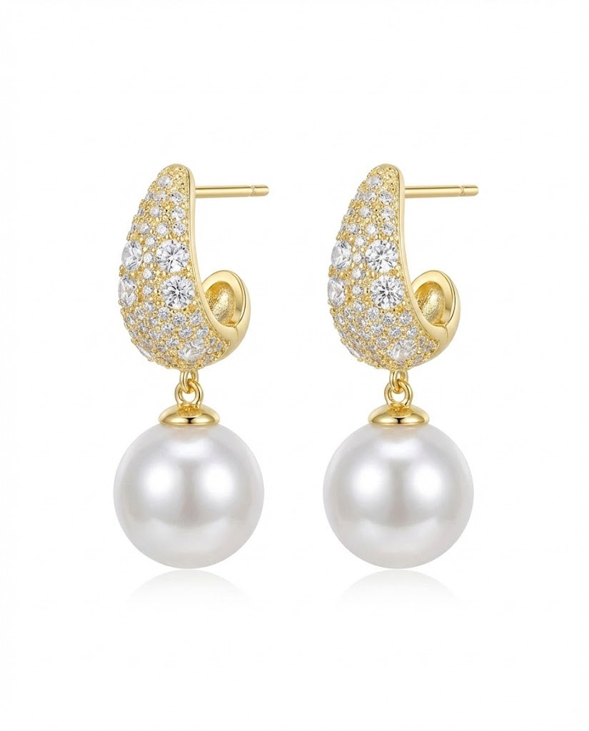 Gold-Tone Paisley Swirl Pave Crystal Pearl Earrings - RM010