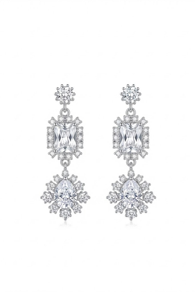 Silver-tone halo drop earrings with radiant-cut crystals, two-tier dangling design.