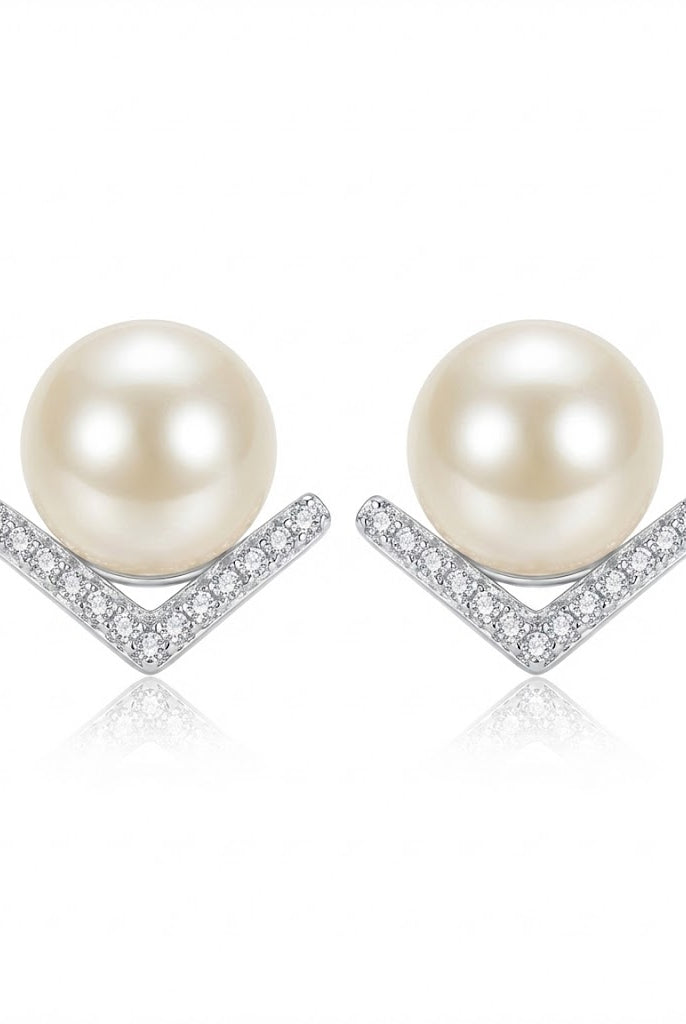 Silver-tone V-shaped crystal and pearl stud earrings with white round pearls