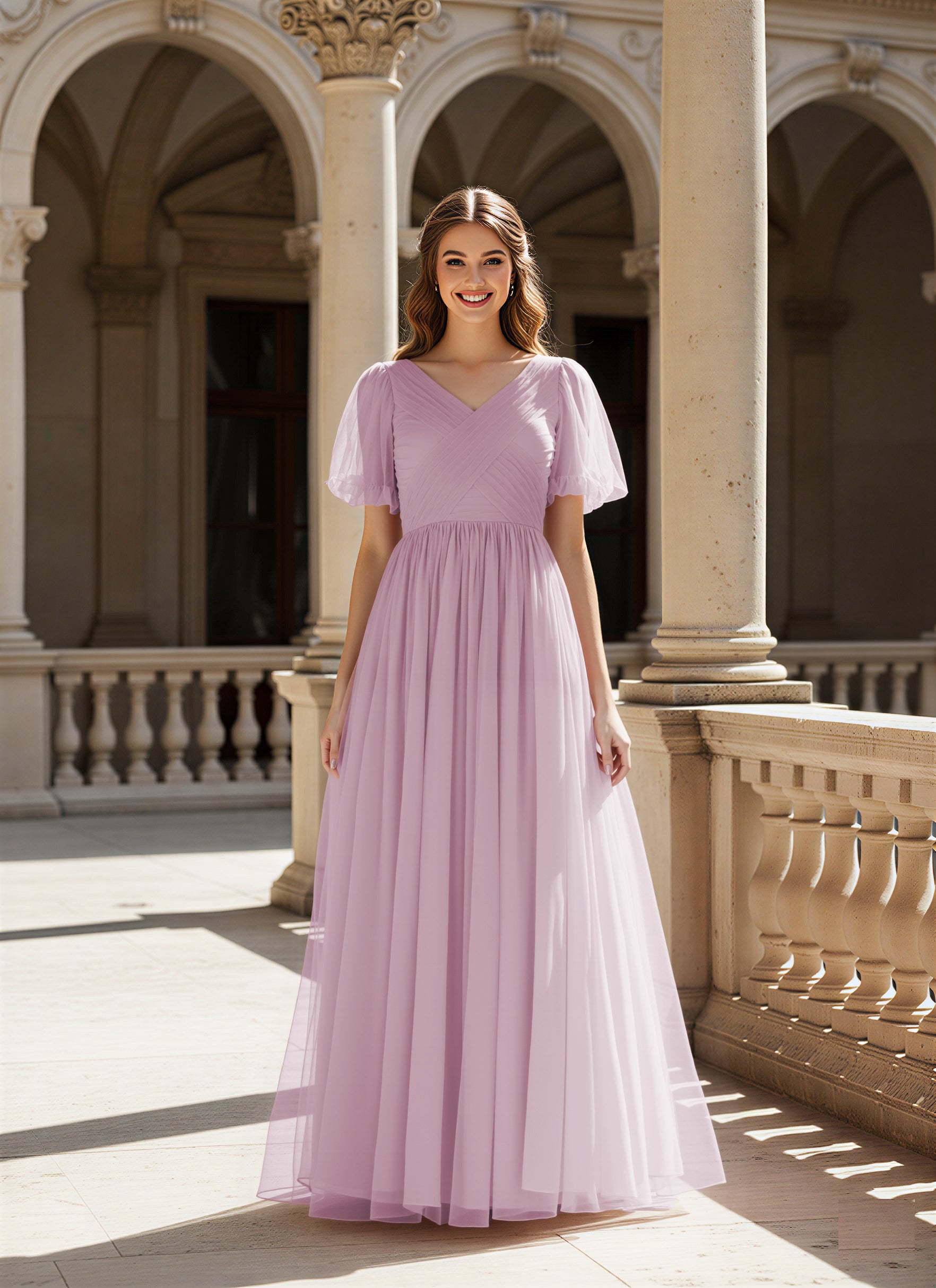 Graceful Bridesmaid Gown - Flutter Sleeve Design TFB8073