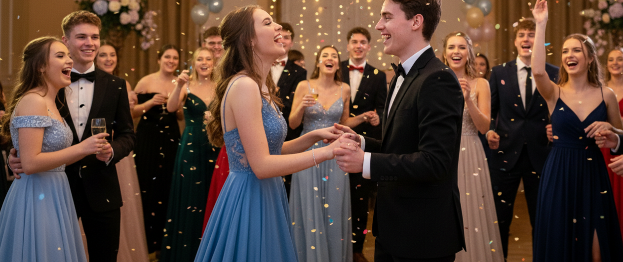 Group of teenagers celebrating in formal wear, including a light blue A-line prom dress and classic black tuxedos.