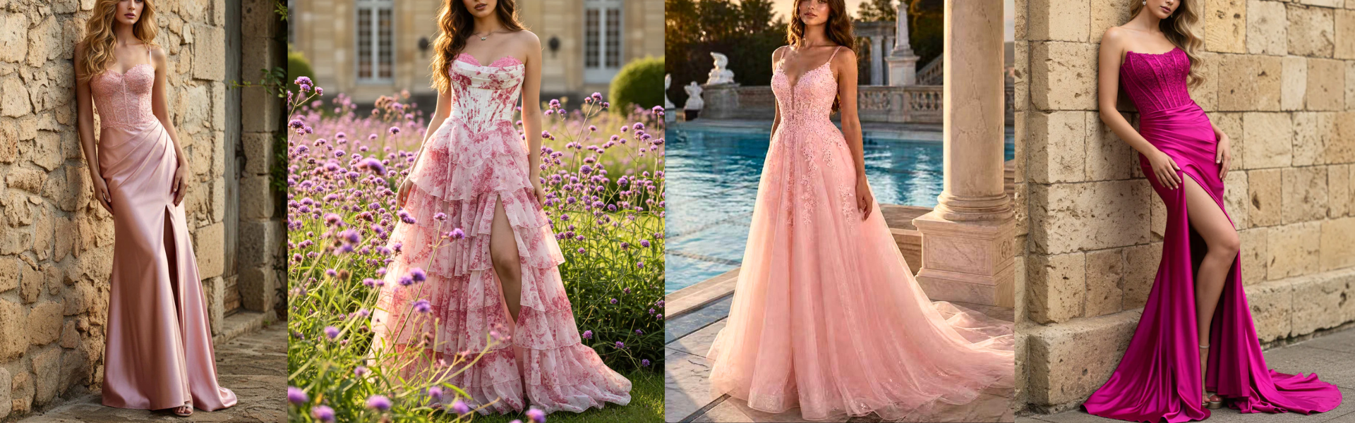 A beautiful display of four hot pink and fuchsia prom and evening dresses, including tiered floral ruffles, lace corset bodices, and satin skirts with high slits, set against romantic outdoor estate and poolside backdrops