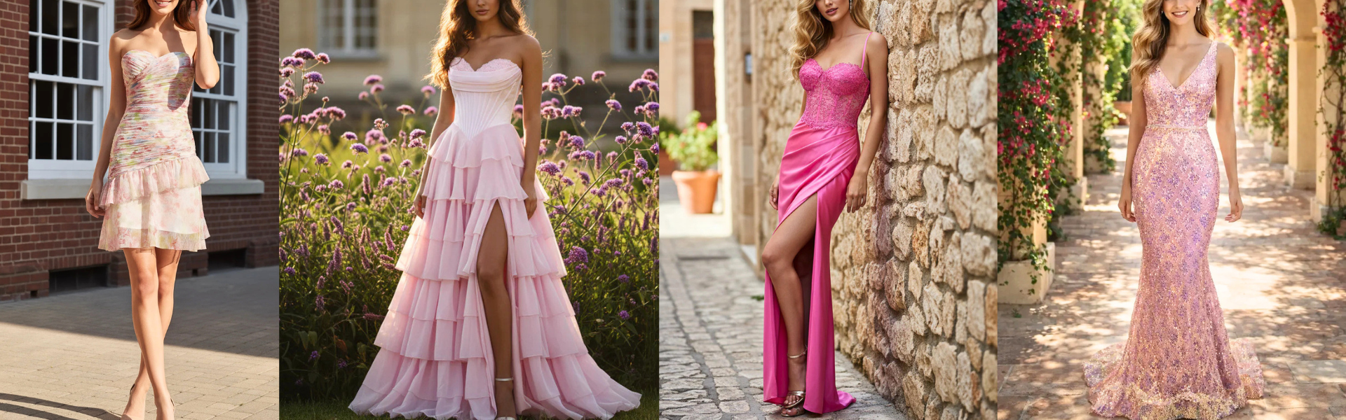 A beautiful display of four pink prom and evening dresses, including a short floral ruffled dress, a tiered high-slit gown, a hot pink satin dress, and a sparkling sequin mermaid gown, set against romantic outdoor backdrops.