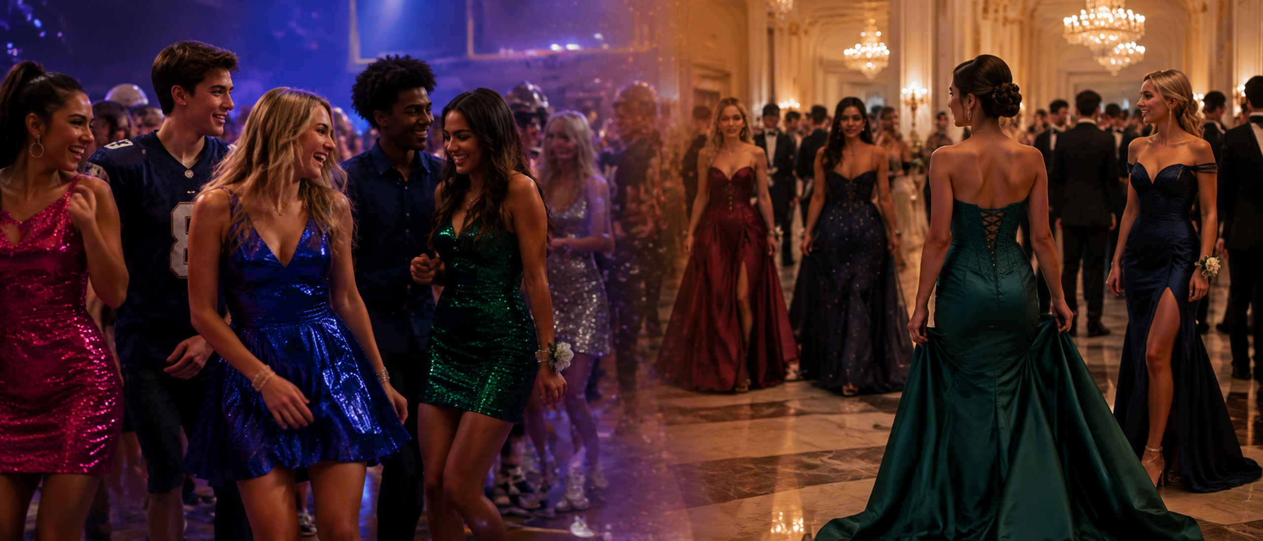 Prom dress styles comparison featuring sparkly short sequin dresses and elegant floor-length satin evening gowns.