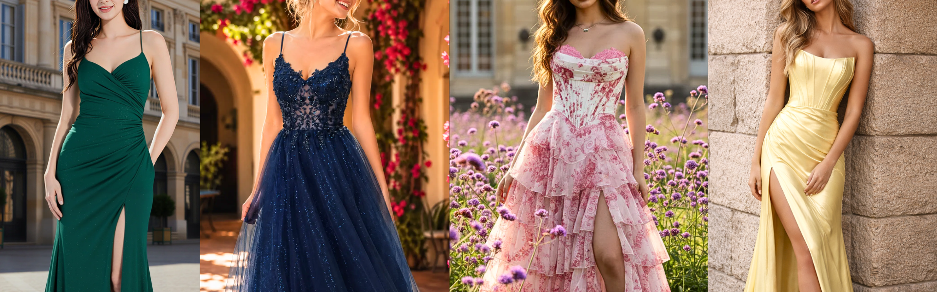 Four multi-colored evening gowns and prom dresses featuring a emerald green slit dress, a navy blue glitter tulle gown, a pink tiered floral dress, and a yellow corset satin dress, set against a romantic outdoor estate and garden background.