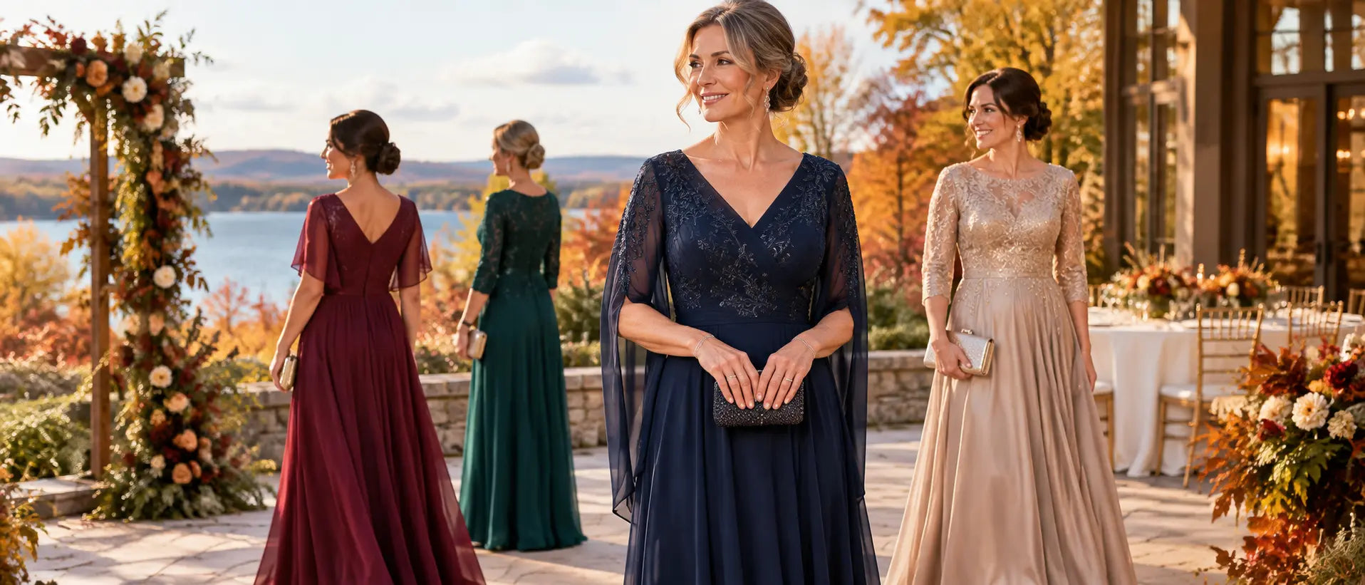 Mother of the bride dresses in rich fall colors at an elegant outdoor autumn wedding